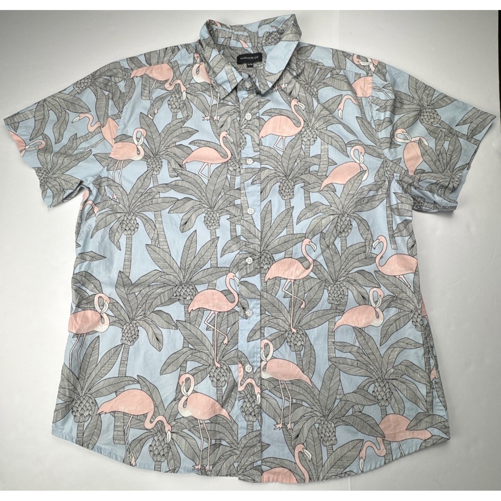 Warehouse One Flamingo Palm Tree Tropical Button Down Shirt XL Light‎ Blue Pink